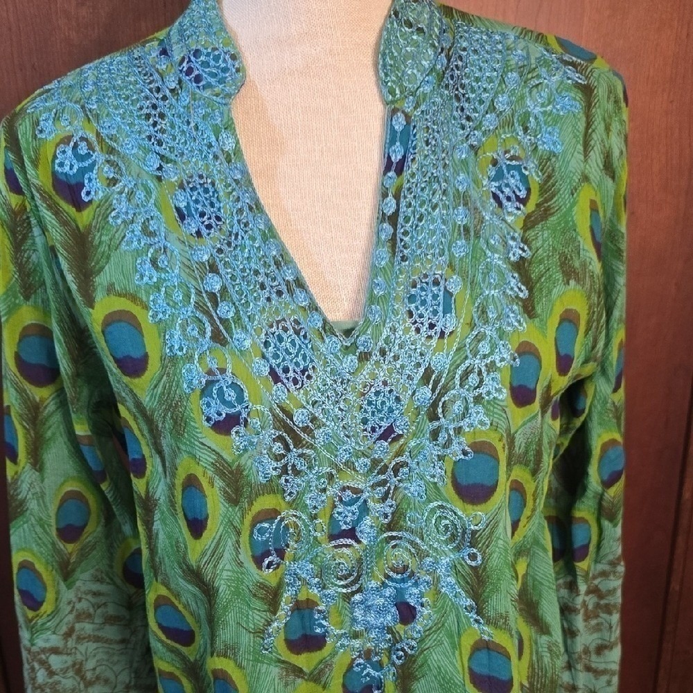 Sol Peacock Tunic Top L Embroidered Boho Cotton Resort Blouse - Picture 4 of 6